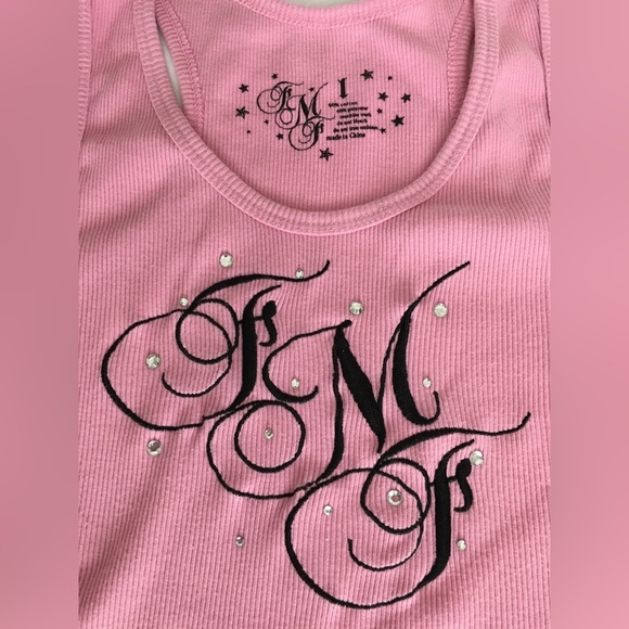 Y2k fmf light pink/black ribbed tank top with rhinestone accents. - Picture 2 of 3